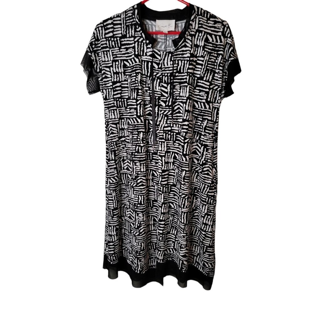 Compli K Size Small Tunic Dress Black White Geometric Print Short Sleeve